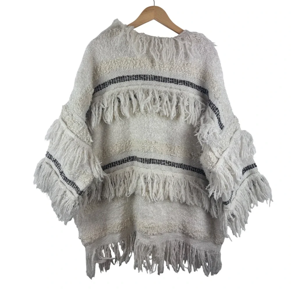 World Market Cardigan Wrap Womens One Size Cream Striped Fringe Shaggy Boho